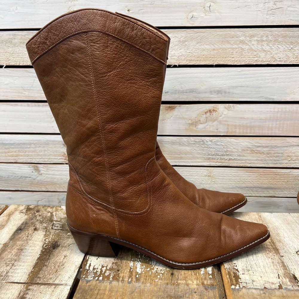 Anne Klein Brown Leather Western Cowboy Boots Pointed Toe Mid Calf 10